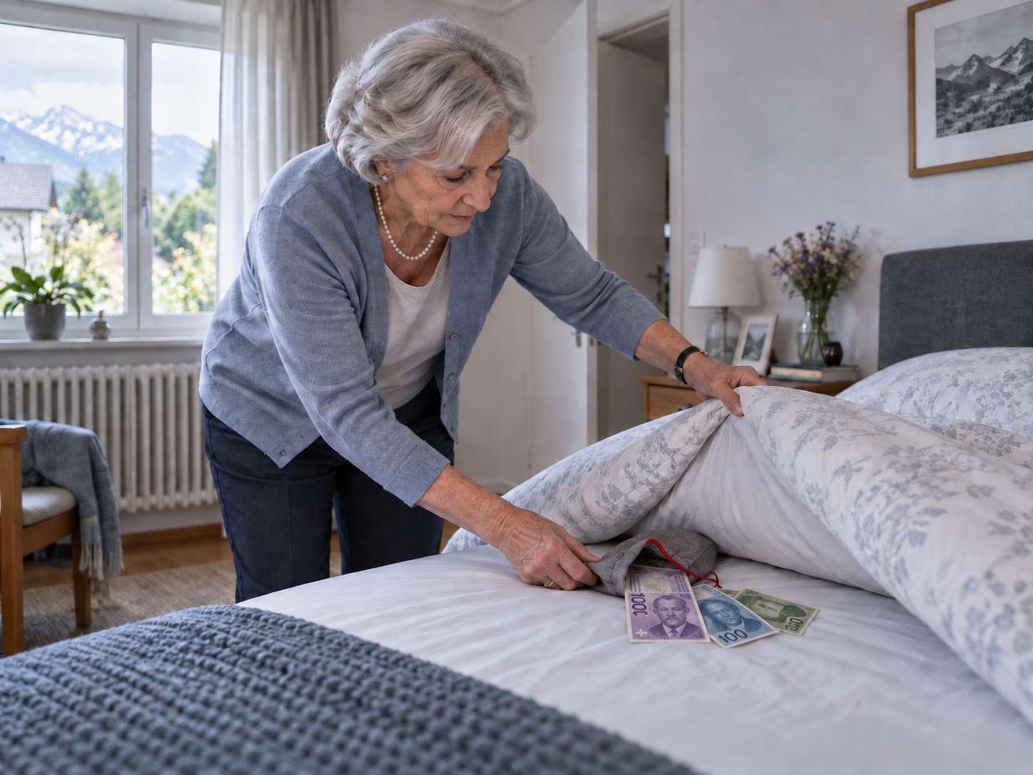 Ältere Dame entdeckt beim Bettmachen einen Sparstrumpf mit alten Schweizer Banknoten unter der Matratze