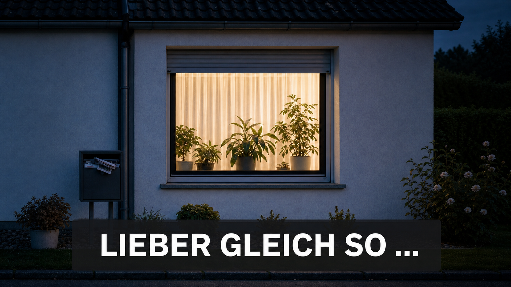 Beleuchtetes Fenster mit teilweise geöffnetem Rollladen und Zimmerpflanzen