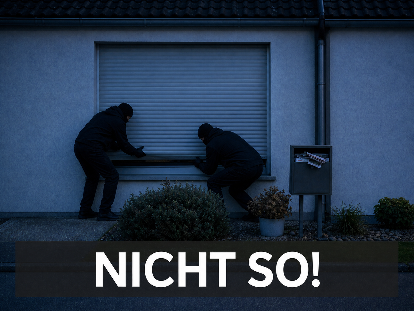 Zwei maskierte Einbrecher versuchen, einen geschlossenen Rollladen aufzuhebeln